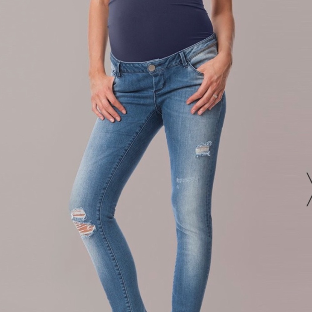 Seraphine maternity distressed blue straight leg jeans with elastic belly waist